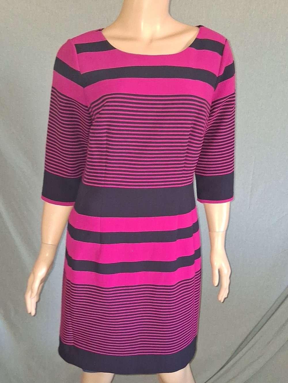 Tahari Fuchsia and Navy Striped Long-Sleeve Sheath Dress